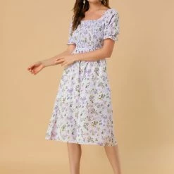 Allegra K Women's Square Neck Puff Sleeves Casual Midi Smocked Floral Dress 35 Allegra K Women's Square Neck Puff Sleeves Casual Midi Smocked Floral Dress