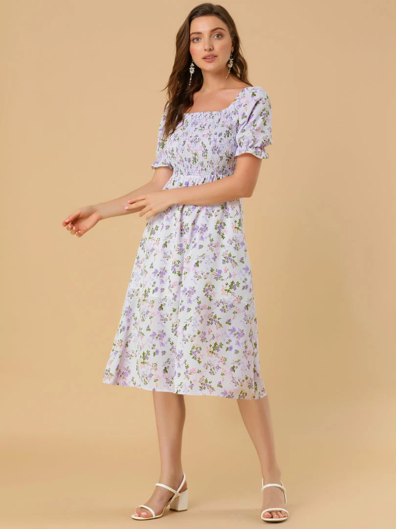 Allegra K Women's Square Neck Puff Sleeves Casual Midi Smocked Floral Dress 12 Allegra K Women's Square Neck Puff Sleeves Casual Midi Smocked Floral Dress