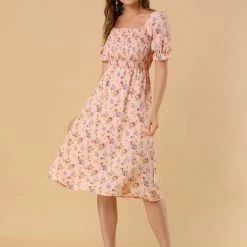 Allegra K Women's Square Neck Puff Sleeves Casual Midi Smocked Floral Dress 40 Allegra K Women's Square Neck Puff Sleeves Casual Midi Smocked Floral Dress