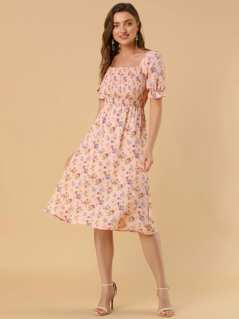 Allegra K Women's Square Neck Puff Sleeves Casual Midi Smocked Floral Dress 17 Allegra K Women's Square Neck Puff Sleeves Casual Midi Smocked Floral Dress