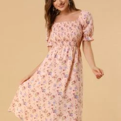 Allegra K Women's Square Neck Puff Sleeves Casual Midi Smocked Floral Dress 41 Allegra K Women's Square Neck Puff Sleeves Casual Midi Smocked Floral Dress
