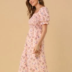 Allegra K Women's Square Neck Puff Sleeves Casual Midi Smocked Floral Dress 42 Allegra K Women's Square Neck Puff Sleeves Casual Midi Smocked Floral Dress