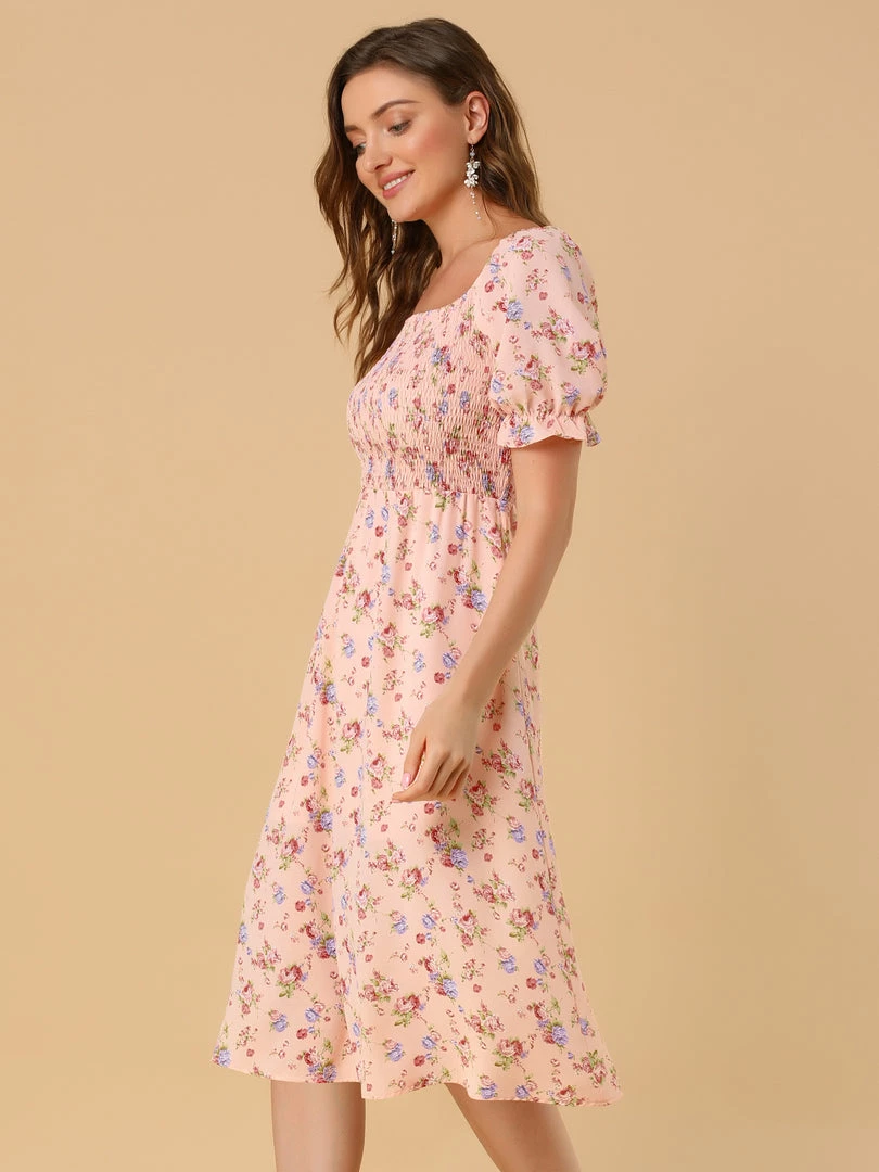 Allegra K Women's Square Neck Puff Sleeves Casual Midi Smocked Floral Dress 19 Allegra K Women's Square Neck Puff Sleeves Casual Midi Smocked Floral Dress