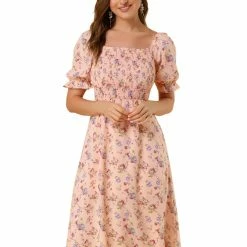 Allegra K Women's Square Neck Puff Sleeves Casual Midi Smocked Floral Dress 39 Allegra K Women's Square Neck Puff Sleeves Casual Midi Smocked Floral Dress