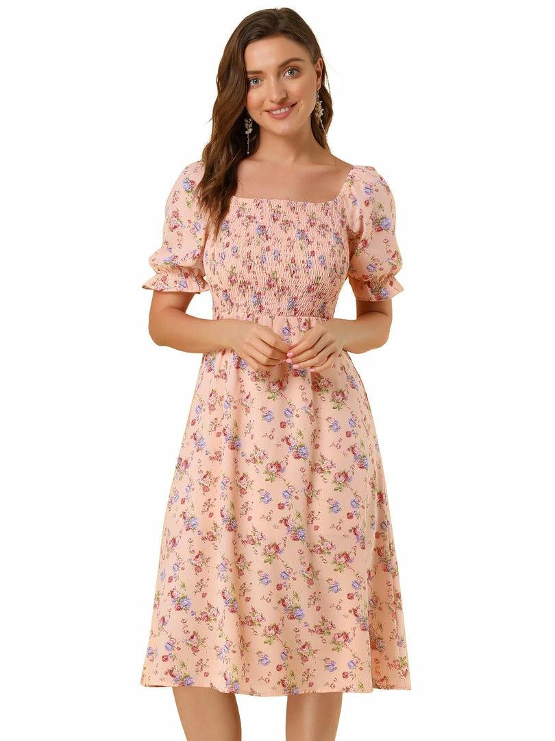 Allegra K Women's Square Neck Puff Sleeves Casual Midi Smocked Floral Dress 16 Allegra K Women's Square Neck Puff Sleeves Casual Midi Smocked Floral Dress