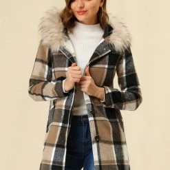 Allegra K Plaid Single Breasted Jacket With Removable Faux Fur Hood Women