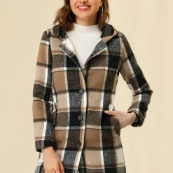 Allegra K Plaid Single Breasted Jacket With Removable Faux Fur Hood Women