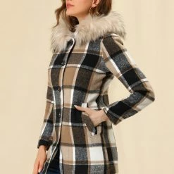 Allegra K Plaid Single Breasted Jacket With Removable Faux Fur Hood Women