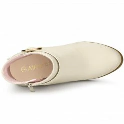 Allegra K Women's Round Toe Circle Buckle Chunky Heels Ankle Boots