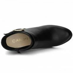 Allegra K Women's Round Toe Circle Buckle Chunky Heels Ankle Boots