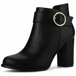 Allegra K Women's Round Toe Circle Buckle Chunky Heels Ankle Boots