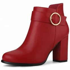Allegra K Women's Round Toe Circle Buckle Chunky Heels Ankle Boots