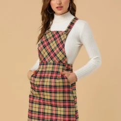 Allegra K Women's Plaids Adjustable Strap Above Knee Overall Suspender Dress