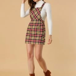 Allegra K Women's Plaids Adjustable Strap Above Knee Overall Suspender Dress