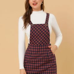 Allegra K Women's Plaids Adjustable Strap Above Knee Overall Suspender Dress