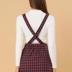 Allegra K Women's Plaids Adjustable Strap Above Knee Overall Suspender Dress