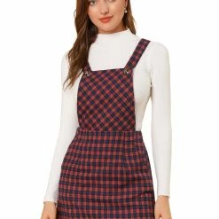 Allegra K Women's Plaids Adjustable Strap Above Knee Overall Suspender Dress