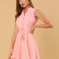 Allegra K Women's Mock Neck Sleeveless Cotton Tie A-line Dress