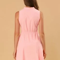 Allegra K Women's Mock Neck Sleeveless Cotton Tie A-line Dress