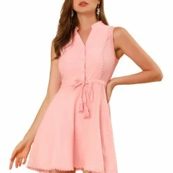 Allegra K Women's Mock Neck Sleeveless Cotton Tie A-line Dress