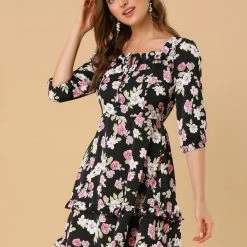 Allegra K Women's Floral Print Bow Tie Neck 3/4 Sleeve Layered Mini Dress 30 Allegra K Women's Floral Print Bow Tie Neck 3/4 Sleeve Layered Mini Dress