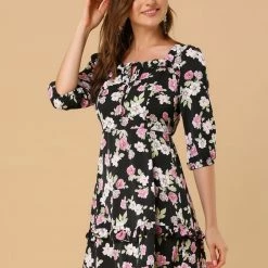 Allegra K Women's Floral Print Bow Tie Neck 3/4 Sleeve Layered Mini Dress 31 Allegra K Women's Floral Print Bow Tie Neck 3/4 Sleeve Layered Mini Dress