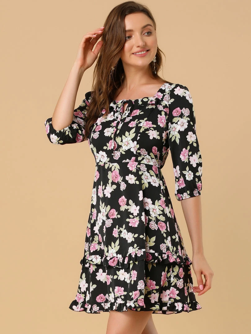 Allegra K Women's Floral Print Bow Tie Neck 3/4 Sleeve Layered Mini Dress 13 Allegra K Women's Floral Print Bow Tie Neck 3/4 Sleeve Layered Mini Dress