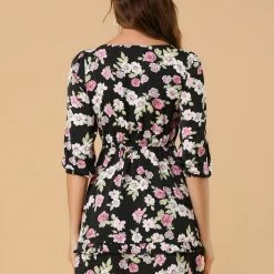 Allegra K Women's Floral Print Bow Tie Neck 3/4 Sleeve Layered Mini Dress 32 Allegra K Women's Floral Print Bow Tie Neck 3/4 Sleeve Layered Mini Dress