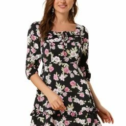 Allegra K Women's Floral Print Bow Tie Neck 3/4 Sleeve Layered Mini Dress 28 Allegra K Women's Floral Print Bow Tie Neck 3/4 Sleeve Layered Mini Dress