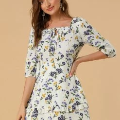 Allegra K Women's Floral Print Bow Tie Neck 3/4 Sleeve Layered Mini Dress 23 Allegra K Women's Floral Print Bow Tie Neck 3/4 Sleeve Layered Mini Dress