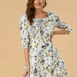 Allegra K Women's Floral Print Bow Tie Neck 3/4 Sleeve Layered Mini Dress 24 Allegra K Women's Floral Print Bow Tie Neck 3/4 Sleeve Layered Mini Dress