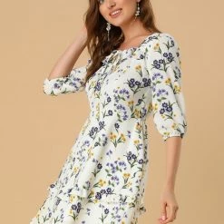 Allegra K Women's Floral Print Bow Tie Neck 3/4 Sleeve Layered Mini Dress 25 Allegra K Women's Floral Print Bow Tie Neck 3/4 Sleeve Layered Mini Dress