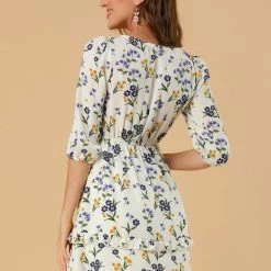 Allegra K Women's Floral Print Bow Tie Neck 3/4 Sleeve Layered Mini Dress 26 Allegra K Women's Floral Print Bow Tie Neck 3/4 Sleeve Layered Mini Dress