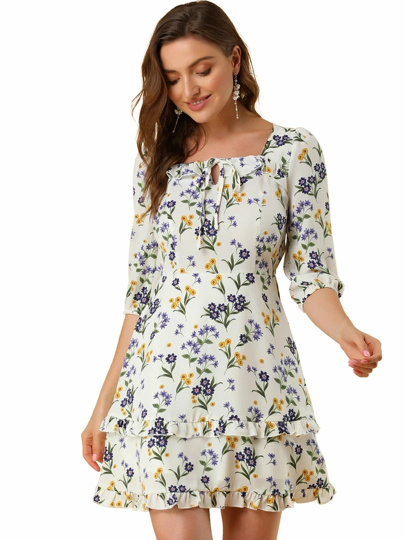 Allegra K Women's Floral Print Bow Tie Neck 3/4 Sleeve Layered Mini Dress 4 Allegra K Women's Floral Print Bow Tie Neck 3/4 Sleeve Layered Mini Dress
