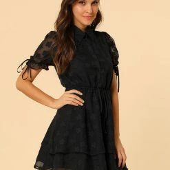 Allegra K Women's Collar Half Short Sleeve Placket Drawstring Layered Shirt Dress 29 Allegra K Women's Collar Half Short Sleeve Placket Drawstring Layered Shirt Dress