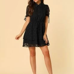 Allegra K Women's Collar Half Short Sleeve Placket Drawstring Layered Shirt Dress 30 Allegra K Women's Collar Half Short Sleeve Placket Drawstring Layered Shirt Dress