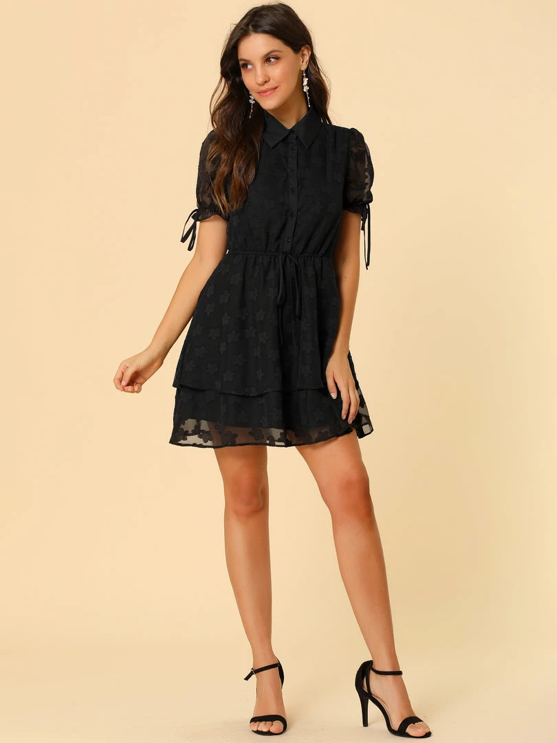 Allegra K Women's Collar Half Short Sleeve Placket Drawstring Layered Shirt Dress 12 Allegra K Women's Collar Half Short Sleeve Placket Drawstring Layered Shirt Dress