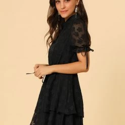 Allegra K Women's Collar Half Short Sleeve Placket Drawstring Layered Shirt Dress 31 Allegra K Women's Collar Half Short Sleeve Placket Drawstring Layered Shirt Dress