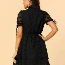 Allegra K Women's Collar Half Short Sleeve Placket Drawstring Layered Shirt Dress 32 Allegra K Women's Collar Half Short Sleeve Placket Drawstring Layered Shirt Dress