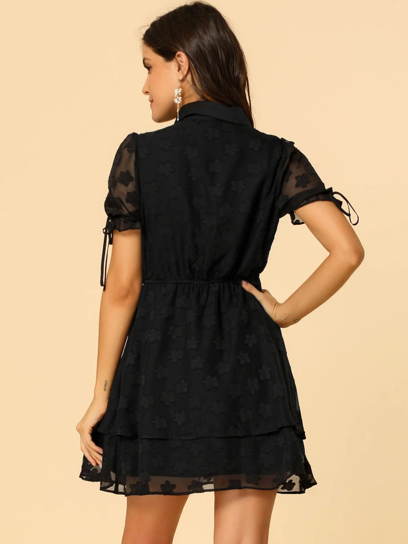 Allegra K Women's Collar Half Short Sleeve Placket Drawstring Layered Shirt Dress 14 Allegra K Women's Collar Half Short Sleeve Placket Drawstring Layered Shirt Dress