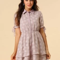 Allegra K Women's Collar Half Short Sleeve Placket Drawstring Layered Shirt Dress 35 Allegra K Women's Collar Half Short Sleeve Placket Drawstring Layered Shirt Dress