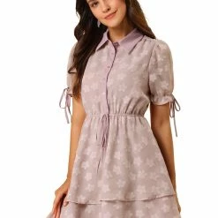 Allegra K Women's Collar Half Short Sleeve Placket Drawstring Layered Shirt Dress 34 Allegra K Women's Collar Half Short Sleeve Placket Drawstring Layered Shirt Dress