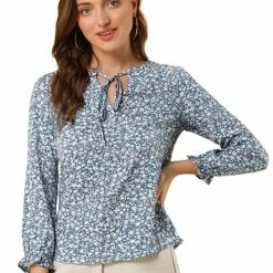Allegra K Women's Rustic Tie Neck Leaves Printed Ruffle Cuffs Long Sleeve Peasant Top
