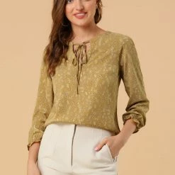 Allegra K Women's Rustic Tie Neck Leaves Printed Ruffle Cuffs Long Sleeve Peasant Top