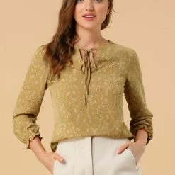 Allegra K Women's Rustic Tie Neck Leaves Printed Ruffle Cuffs Long Sleeve Peasant Top