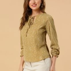 Allegra K Women's Rustic Tie Neck Leaves Printed Ruffle Cuffs Long Sleeve Peasant Top