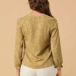 Allegra K Women's Rustic Tie Neck Leaves Printed Ruffle Cuffs Long Sleeve Peasant Top