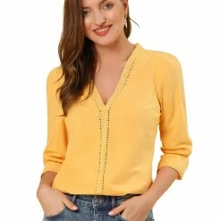 Allegra K Women's Eyelet Lace V Neck Scalloped Half Ruffle Sleeve Solid Work Shirt Top 23 Allegra K Women's Eyelet Lace V Neck Scalloped Half Ruffle Sleeve Solid Work Shirt Top