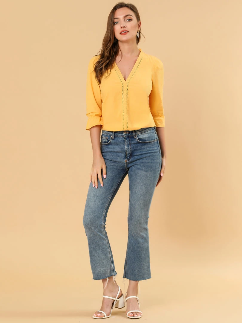 Allegra K Women's Eyelet Lace V Neck Scalloped Half Ruffle Sleeve Solid Work Shirt Top 12 Allegra K Women's Eyelet Lace V Neck Scalloped Half Ruffle Sleeve Solid Work Shirt Top