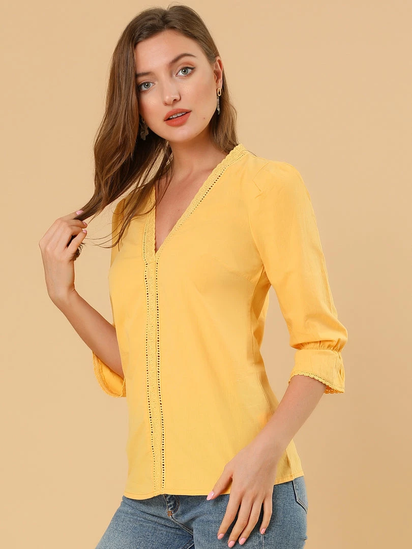 Allegra K Women's Eyelet Lace V Neck Scalloped Half Ruffle Sleeve Solid Work Shirt Top 13 Allegra K Women's Eyelet Lace V Neck Scalloped Half Ruffle Sleeve Solid Work Shirt Top